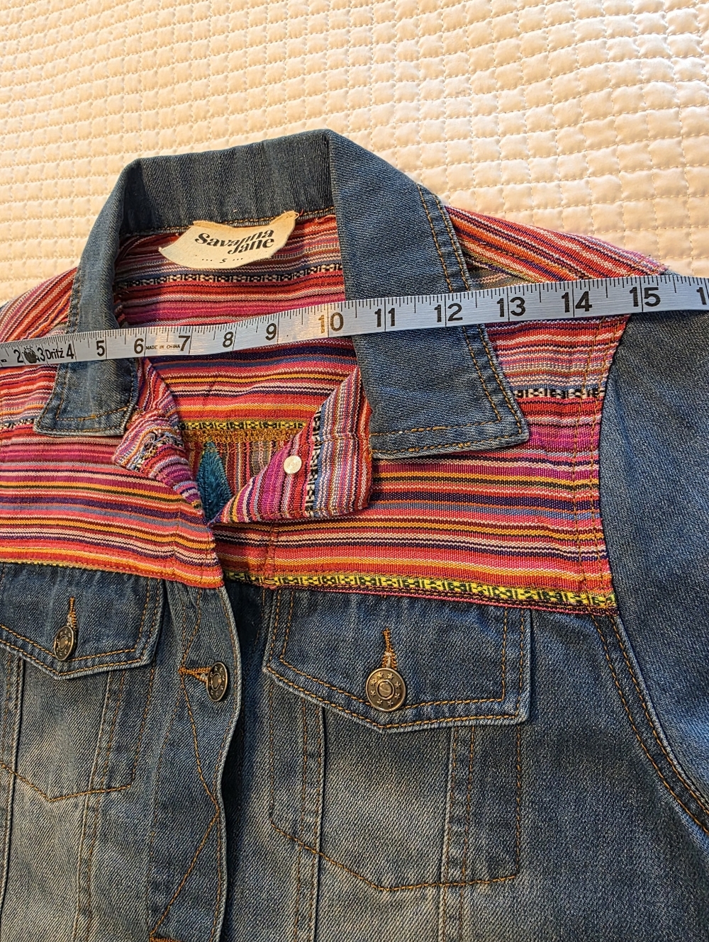 Savanna Jane Denim Western Jacket with Pink & Red Striped Yoke Embroidered Back - Picture 11 of 14